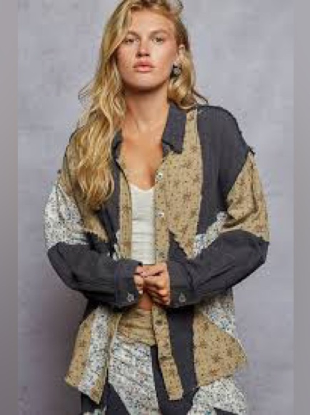 POL Patchwork Button-Up Jacket in Charcoal and Beige with Floral Panels